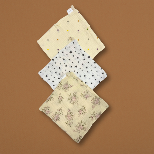 Baby Muslin Cloth 3pcs Set – Soft Cotton Burp & Face Towels | Mixed Print