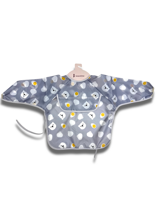Baby Bib – Grey Bear Print | Full Sleeve & Waterproof
