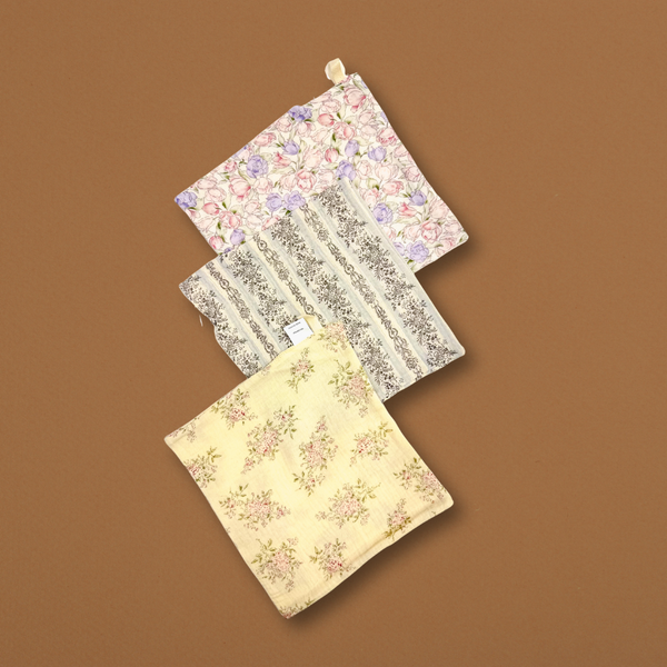 Baby Muslin Cloth 3pcs Set – Soft Cotton Burp & Face Towels | Floral Print