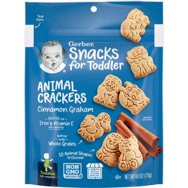 Gerber Animal Crackers, Snacks for Toddler, 12+ Months, Cinnamon Graham, 6 oz (170 g)