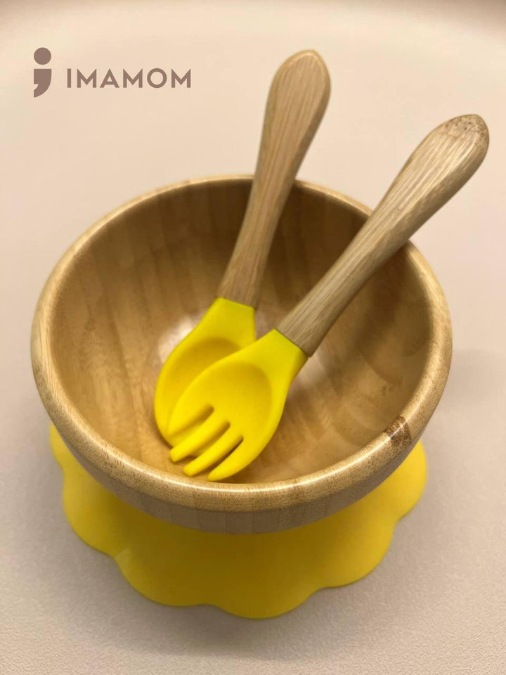 IMAMOM Bamboo Bowl with Silicone Suction & Spoon Fork Set BPA-Free for Toddlers and Kids - IMAMOM