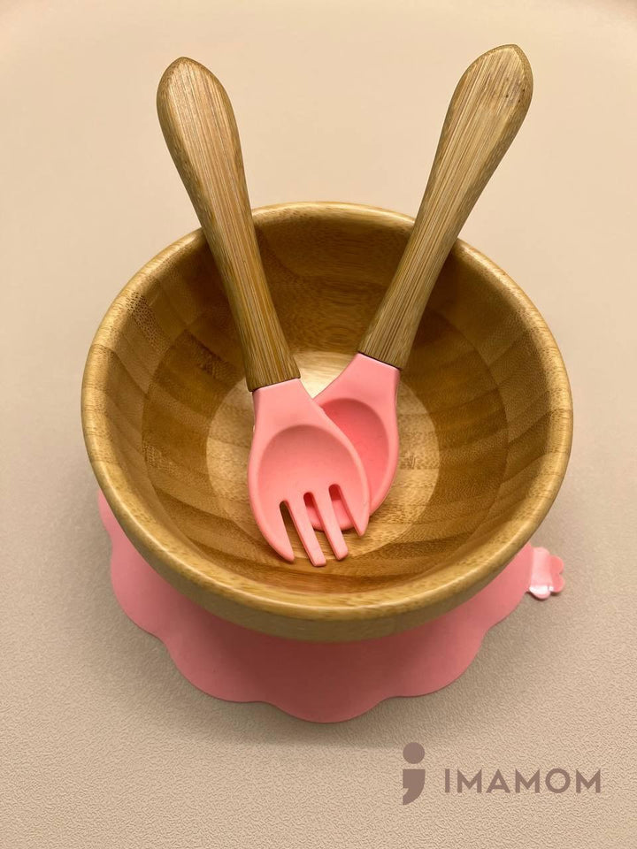 IMAMOM Bamboo Bowl with Silicone Suction & Spoon Fork Set BPA-Free for Toddlers and Kids - IMAMOM