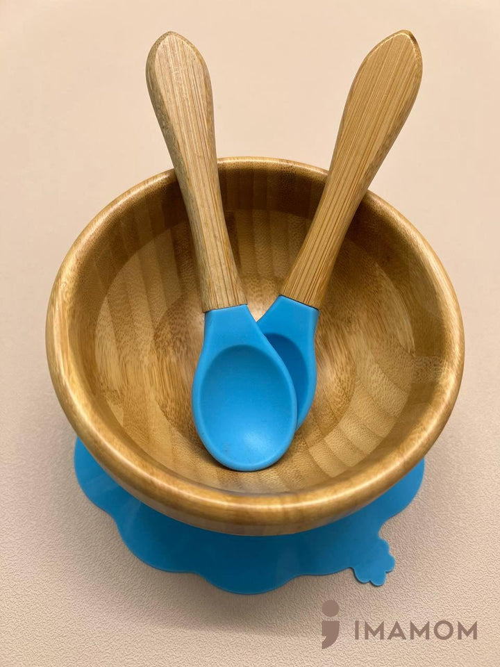 IMAMOM Bamboo Bowl with Silicone Suction & Spoon Fork Set BPA-Free for Toddlers and Kids - IMAMOM