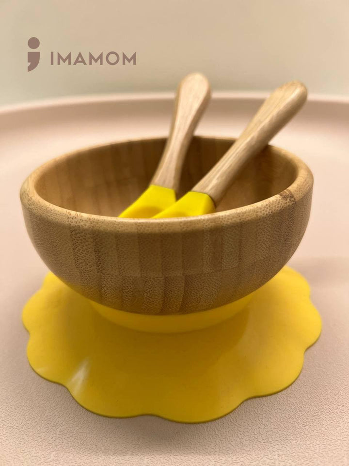IMAMOM Bamboo Bowl with Silicone Suction & Spoon Fork Set BPA-Free for Toddlers and Kids - IMAMOM